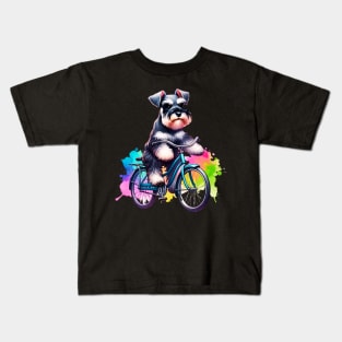 Watercolor Miniature Schnauzer Cycling Kids T-Shirt